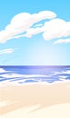 Beautiful vertical seascape with a sea view on a summer day, seashore with sand. Vector illustration.