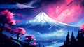 Beautiful vertical shot of a mountain Fuji with a colorful tree in the foreground under a night sky