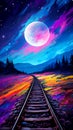 Beautiful vertical shot of railroad tracks under a night sky