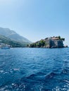 Beautiful vertical view of Island Sveti Stefan in Montenegro