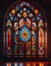 A big stained glass arch window, very colorful