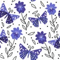 Beautiful abstract very peri seamless vector pattern background illustration with cartoon butterflies and flowers