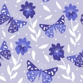 Beautiful abstract very peri seamless vector pattern background illustration with cartoon butterflies and flowers