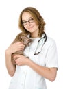 Beautiful veterinarian with puppy sharpei dog. looking at camera Royalty Free Stock Photo