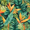 Beautiful vibrant illustration of palm lily and monstera leaves in jungle, AI generated