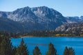 Beautiful vibrant panoramic view of June Lake, Mono County, California, with Mountains of Sierra Nevada and Carson Peak in the Royalty Free Stock Photo