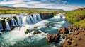 Beautiful vibrant summer panorama picture with a view on icelandic waterfall. Generative Ai