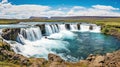 Beautiful vibrant summer panorama picture with a view on icelandic waterfall. Generative Ai