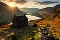 Beautiful Vibrant Sunset In The English Lake District With Stone Mountain Hut