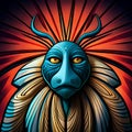 Beautiful vibrant tribal illustration of mythical creature with canine features, Generative AI