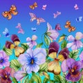 Beautiful vibrant violet flowers and colorful butterflies on blue background. Seamless floral pattern. Watercolor painting. Royalty Free Stock Photo