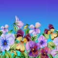 Beautiful vibrant violet flowers with green leaves on blue sky background. Seamless floral pattern. Watercolor painting. Royalty Free Stock Photo