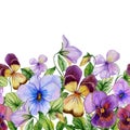 Beautiful vibrant violet flowers with green leaves on white background. Seamless floral pattern. Watercolor painting. Royalty Free Stock Photo