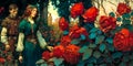 Beautiful victorian couple young woman and man in the roses garden, digital painting