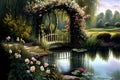Beautiful Victorian garden with rose bush and bridge over pond with water lilies. Fantasy english countryside landscape Royalty Free Stock Photo