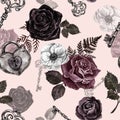 Victorian gothic style seamless pattern with watercolor red, black and burgundy roses, vintage key and padlock on pink background Royalty Free Stock Photo