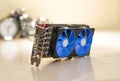 A beautiful video card with a powerful cooling system for a desktop computer