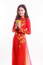 Beautiful Vietnamese woman with red ao dai Royalty Free Stock Photo