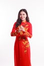 Beautiful Vietnamese woman with red ao dai Royalty Free Stock Photo