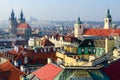 Beautiful view from above of historical center of Prague Stare Mesto on sunny January day, Czech Republic