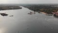 Beautiful view from above of the Khortytsia island in Zaporozhye. Drone view of the Dnieper River and the bridge.