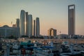 Beautiful view of Abu Dhabi city Etihad towers, famous landscape and Marina boats