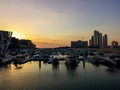 Beautiful view of Abu Dhabi city Etihad towers, famous landscape and Marina boats