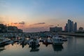 Beautiful view of Abu Dhabi city Etihad towers, famous landscape and Marina boats