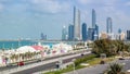 Beautiful view of Abu Dhabi city skyline and landmarks from the famous corniche road Royalty Free Stock Photo