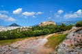 Beautiful view of Acropolis hill and Lycabettus hill in background in Athens, Greece from Pnyx hill in summer daylight Royalty Free Stock Photo