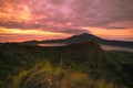 Beautiful view on Agung volcano and lake from the peak of Batur volcano at sunrise, Bali, Indonesia Royalty Free Stock Photo