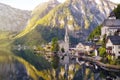 Beautiful view of Alpine Hallstatt town and Hallstattersee lake. Salzkammergut, Austria. Royalty Free Stock Photo