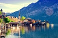 Beautiful view of Alpine Hallstatt town and Hallstattersee lake. Salzkammergut, Austria.