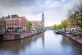 Beautiful view of Amstel river and houses facades