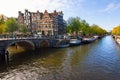 Beautiful view of Amsterdam canals with bridge and typical dutch houses. Holland Royalty Free Stock Photo