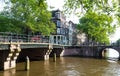 Beautiful view of Amsterdam canals with bridge and typical dutch houses. Holland Royalty Free Stock Photo