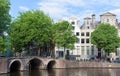 Beautiful view of Amsterdam canals with bridge and typical dutch houses. Holland Royalty Free Stock Photo