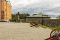 Beautiful view of ancient cannons at famous Uppsala Castle Park. Sweden.