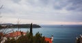 Beautiful view of the ancient city, the island and the sea on which the ship sails. Rovinj, Istria, Croatia Royalty Free Stock Photo