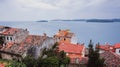 Beautiful view of the ancient city, the island and the sea on which the ship sails. Rovinj, Istria, Croatia Royalty Free Stock Photo