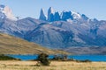 Beautiful view of aqua blue Laguna Azul with nature three tower mountains peak in clear blue sky in autumn, Torres del Paine Royalty Free Stock Photo