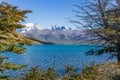 Beautiful view of aqua blue Laguna Azul with nature three tower mountains peak in clear blue sky in autumn, Torres del Paine Royalty Free Stock Photo