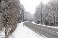 Beautiful view of the road in the winter forest. Royalty Free Stock Photo