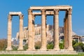 Athens Acropolis through columns of the Olympian Zeus temple Royalty Free Stock Photo