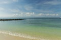 Beautiful view of Atlantic ocean sand beach. Yellow sand turning into dark blue water that merges  with light blue sky.  Key West, Royalty Free Stock Photo