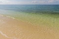 Beautiful view of Atlantic ocean sand beach. Yellow sand turning into dark blue water that merges  with light blue sky.  Key West, Royalty Free Stock Photo