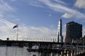 Beautiful view of Australian flag and Crown tower in the sunny day in Sydney, Australia