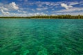 Beautiful view of azure water and exotic, palm trees