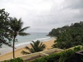 Beautiful view from balcony hotel ocean palm tree beach Luxury resort, background Royalty Free Stock Photo