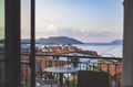 Beautiful view from balcony of red roofs and sea in Kas town on Mediterranean coast, Turkey Royalty Free Stock Photo